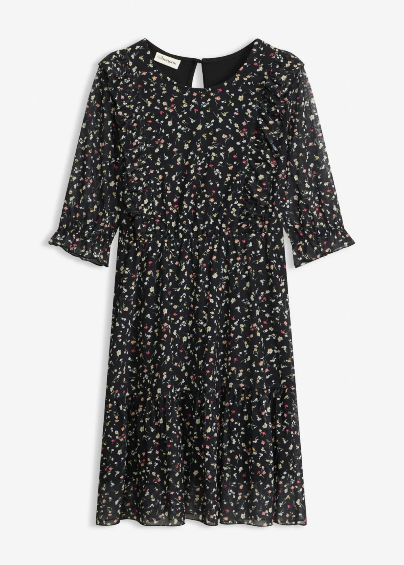 bonprix bonprix Vestido de punto de malla fina Negro con flores New