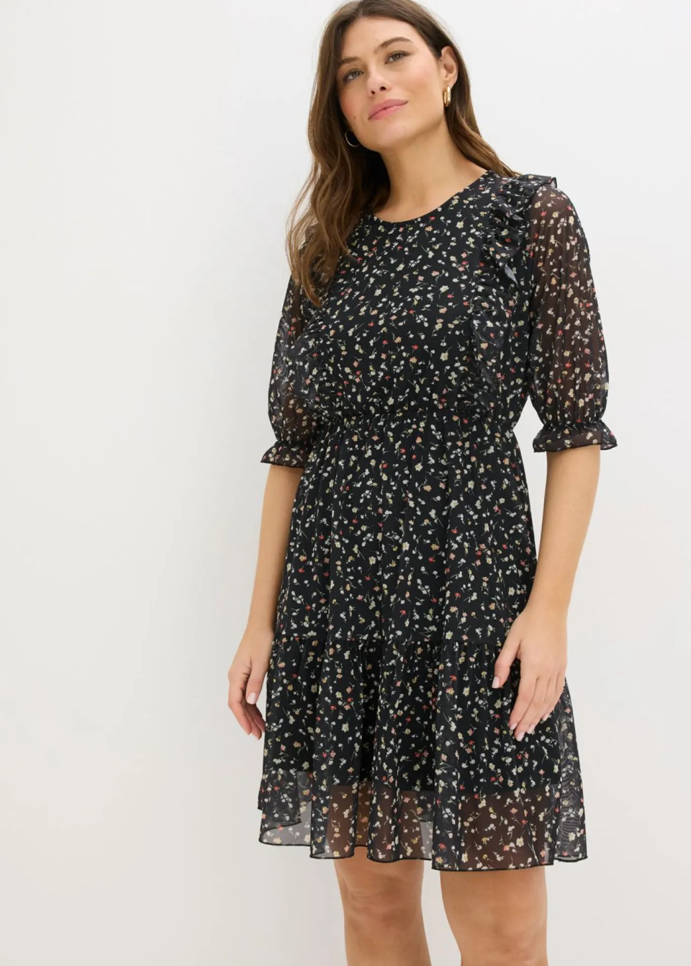 bonprix bonprix Vestido de punto de malla fina Negro con flores New