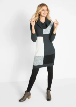 bonprix bonprix Vestido de punto de manga larga  hasta la rodilla antracita jaspeado gris claro jaspeado blanco lana negro Discount