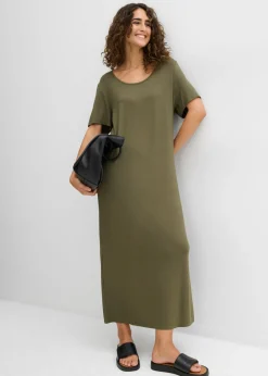 bonprix bonprix Vestido de punto de mezcla de viscosa fluida Verde oliva oscuro