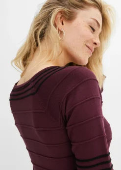 bonprix bonprix Vestido de punto de mezcla de viscosa suave Rojo vino/negro de rayas Sale