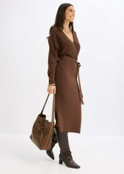 bonprix bonprix Vestido de punto de mezcla de viscosa fluida marrón Discount