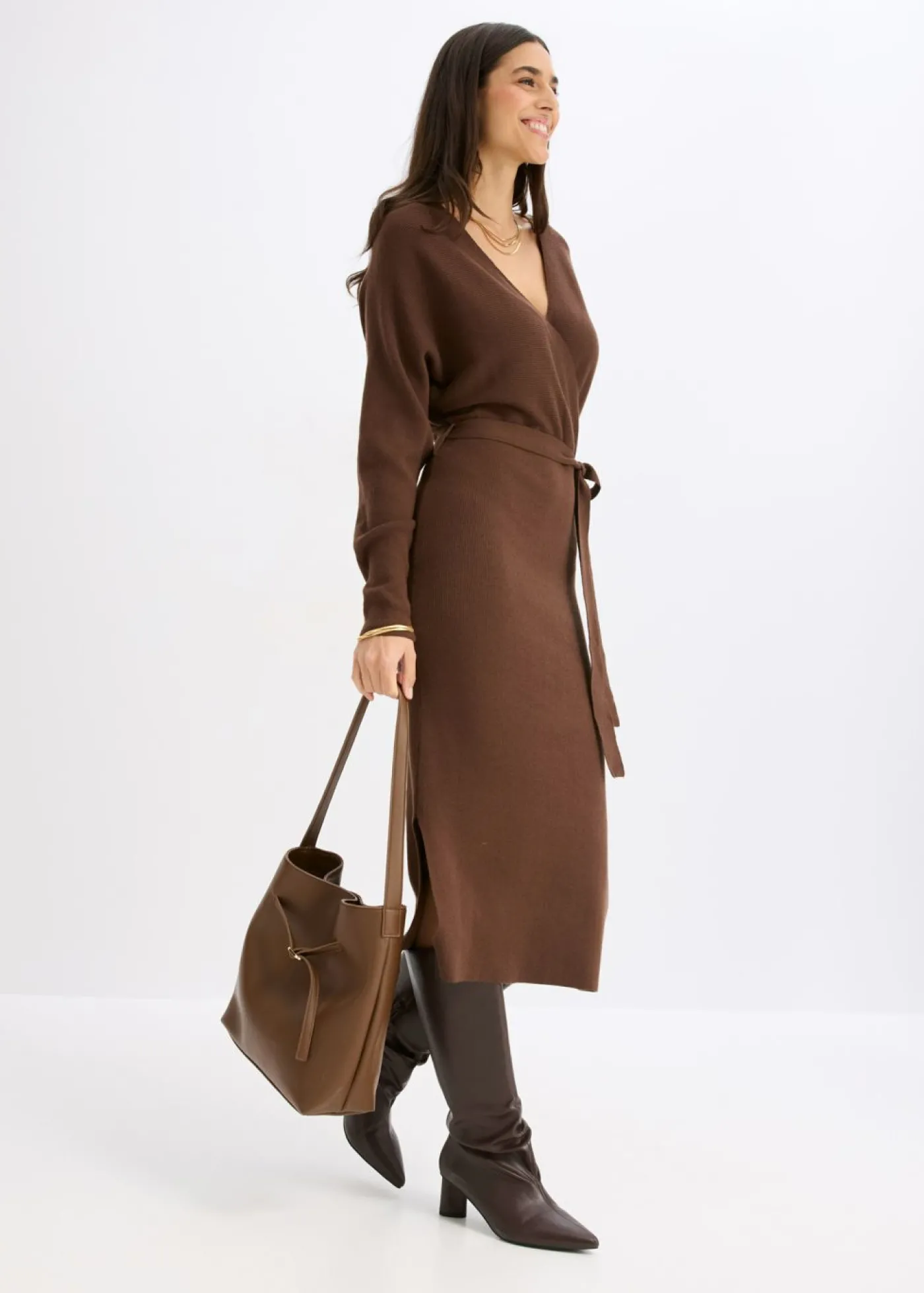 bonprix bonprix Vestido de punto de mezcla de viscosa fluida marrón Discount