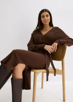 bonprix bonprix Vestido de punto de mezcla de viscosa fluida marrón Discount