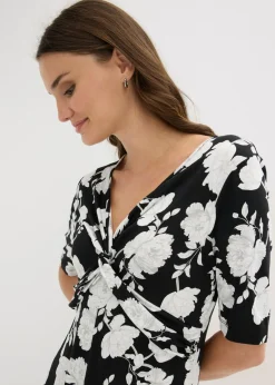 bonprix bonprix Vestido de punto de mezcla de viscosa con drapeado Negro de flores Outlet