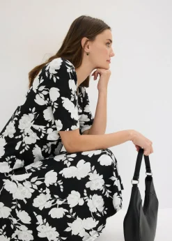 bonprix bonprix Vestido de punto de mezcla de viscosa con drapeado Negro de flores Outlet