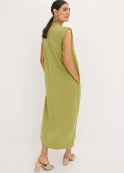 bonprix bonprix Vestido de punto de piqué de viscosa con hombreras Verde oliva-dorado Sale