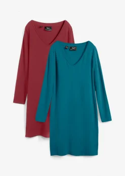 bonprix bonprix Vestido de punto de viscosa (2 unidades) Rojo rubí/petróleo azul Outlet