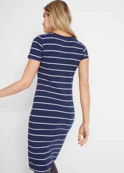 bonprix bonprix Vestido de punto elástico de manga corta azul marino-blanco con rayas Clearance
