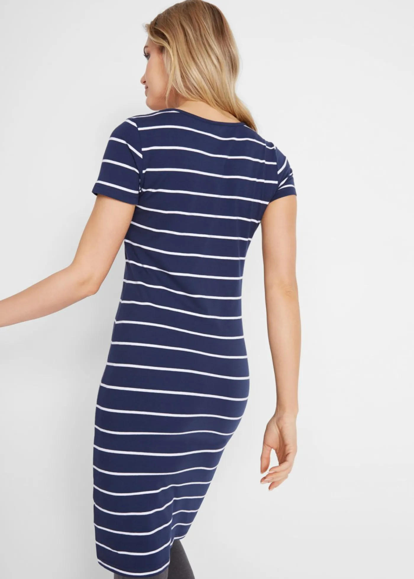bonprix bonprix Vestido de punto elástico de manga corta azul marino-blanco con rayas Clearance