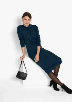 bonprix bonprix Vestido de punto fino con cuello alto Azul oscuro