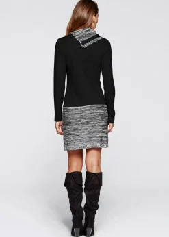 bonprix BODYFLIRT boutique Vestido de punto jaspeado negro-gris moteado New