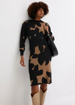 bonprix bonprix Vestido de punto, midi Beige-negro Outlet