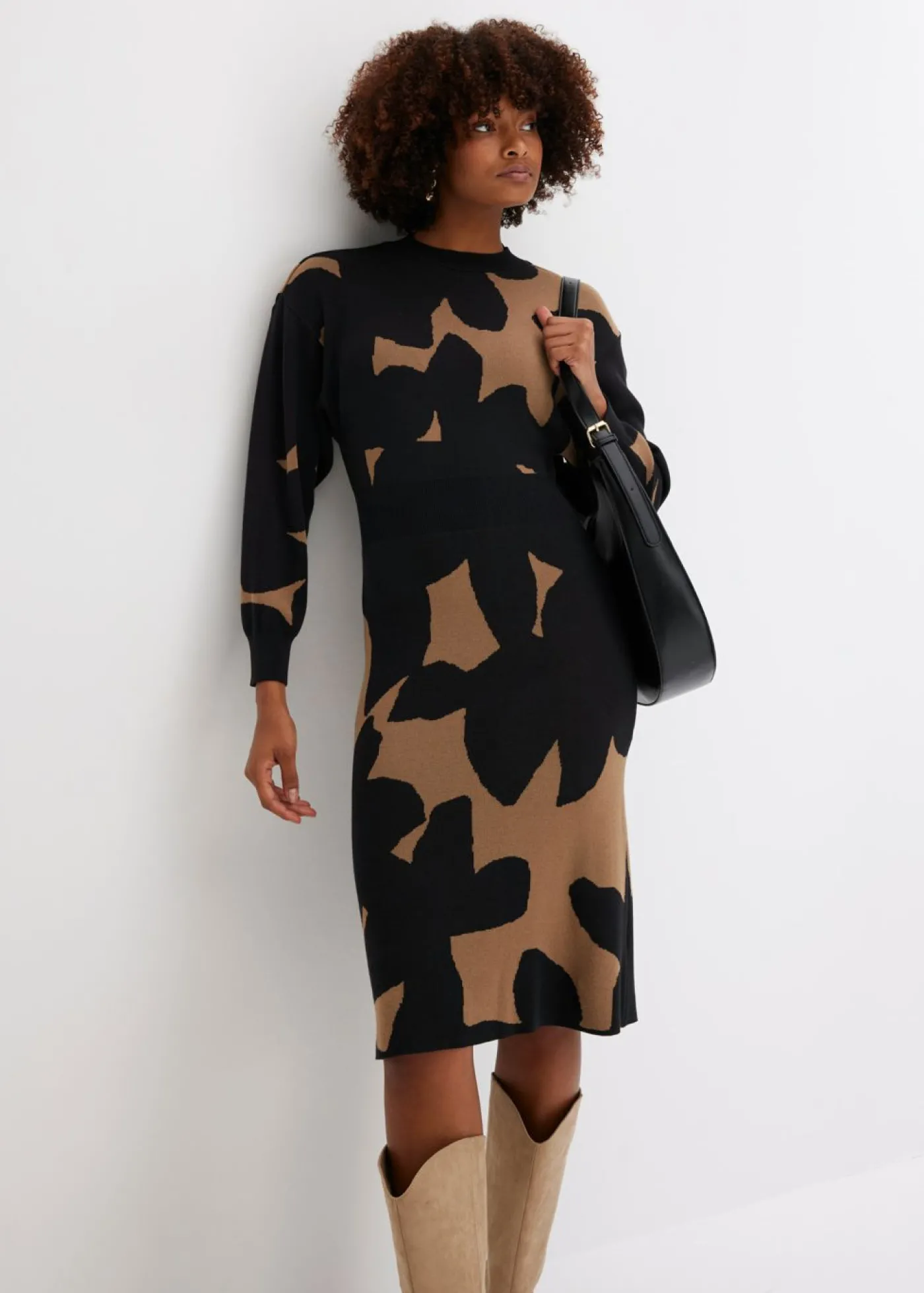 bonprix bonprix Vestido de punto, midi Beige-negro Outlet