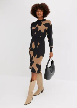 bonprix bonprix Vestido de punto, midi Beige-negro Outlet