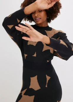 bonprix bonprix Vestido de punto, midi Beige-negro Outlet