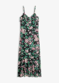 bonprix bonprix Vestido de tirantes de malla suave Negro con flores