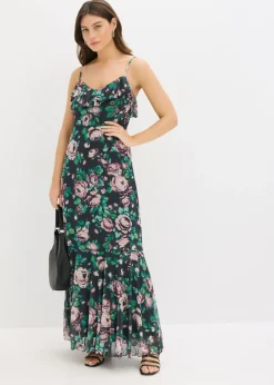 bonprix bonprix Vestido de tirantes de malla suave Negro con flores