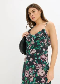 bonprix bonprix Vestido de tirantes de malla suave Negro con flores