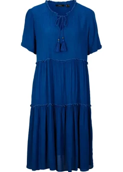 bonprix bonprix Vestido de viscosa arrugada hasta la rodilla con detalle en el escote Azul Sale