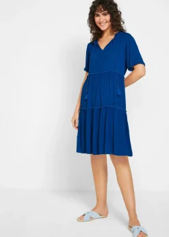 bonprix bonprix Vestido de viscosa arrugada hasta la rodilla con detalle en el escote Azul Sale