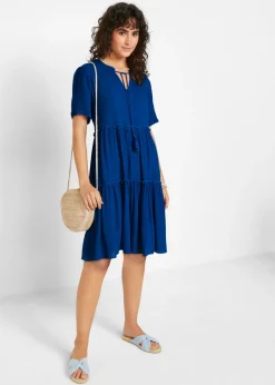 bonprix bonprix Vestido de viscosa arrugada hasta la rodilla con detalle en el escote Azul Sale