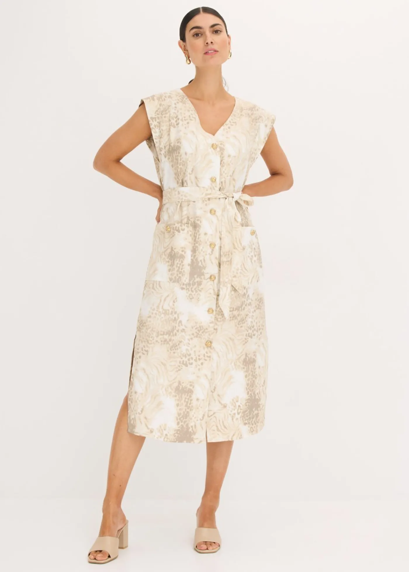 bonprix bonprix Vestido de viscosa con cordón (2 piezas) estampado leo beige Outlet