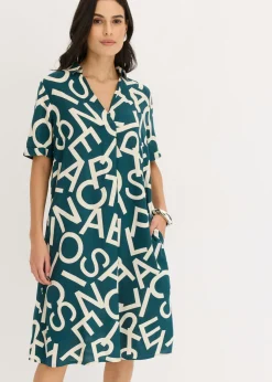 bonprix bonprix Vestido de viscosa fluida Verde pimiento/gris guijarro con estampado de gráfico