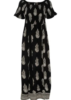 bonprix bonprix Vestido de viscosa fluida con escote bañera Negro/beige con estampado gráfico New