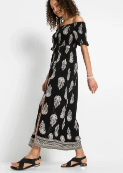 bonprix bonprix Vestido de viscosa fluida con escote bañera Negro/beige con estampado gráfico New