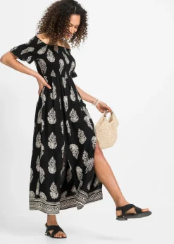 bonprix bonprix Vestido de viscosa fluida con escote bañera Negro/beige con estampado gráfico New