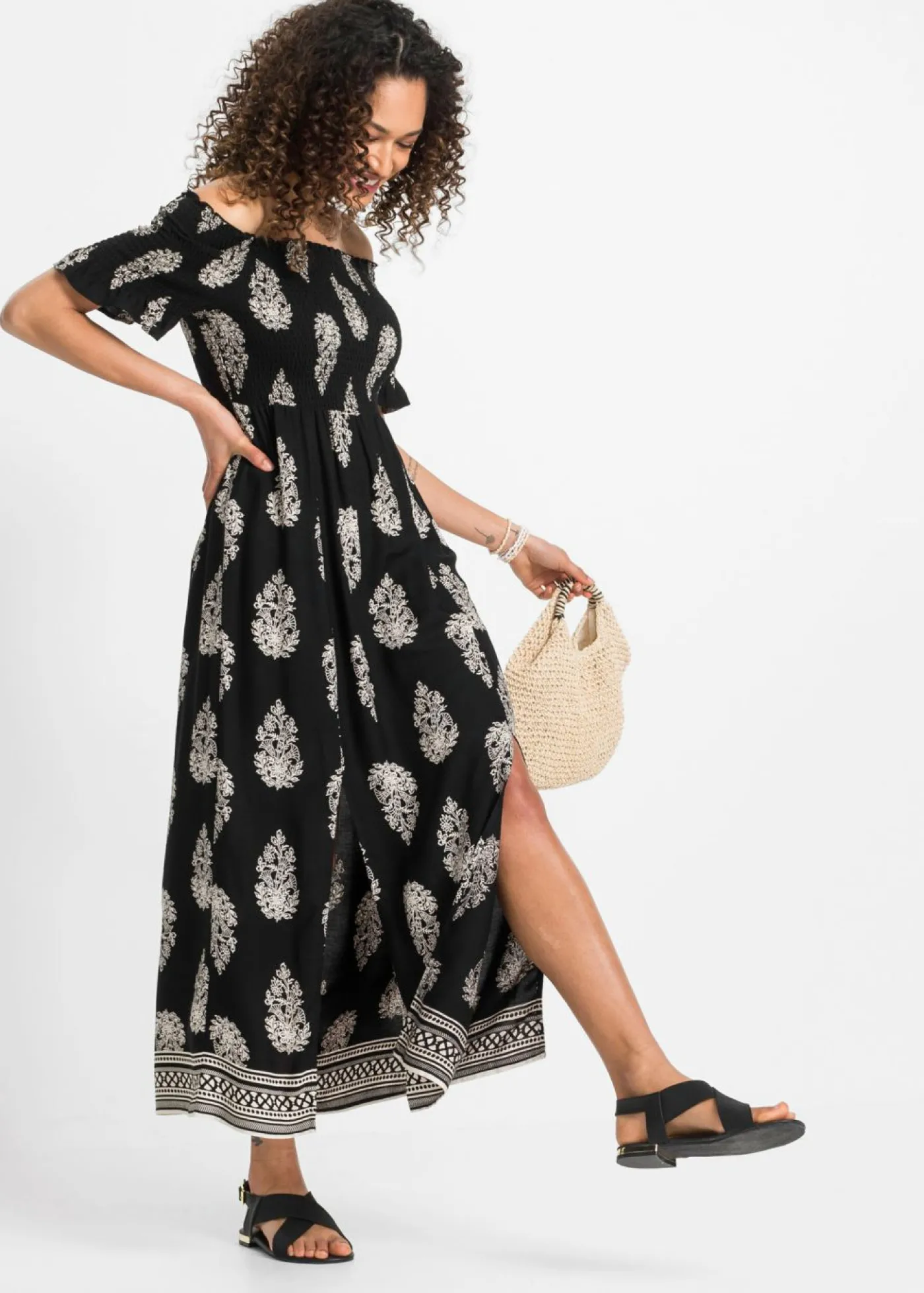 bonprix bonprix Vestido de viscosa fluida con escote bañera Negro/beige con estampado gráfico New