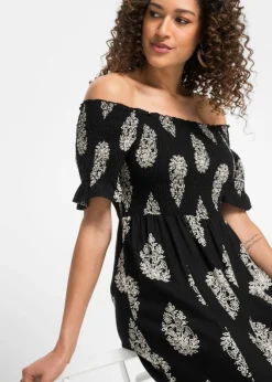 bonprix bonprix Vestido de viscosa fluida con escote bañera Negro/beige con estampado gráfico New
