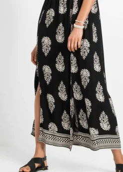 bonprix bonprix Vestido de viscosa fluida con escote bañera Negro/beige con estampado gráfico New