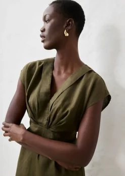 bonprix bonprix Vestido entallado de lino puro Verde oliva oscuro Sale
