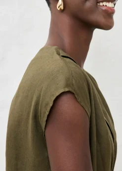 bonprix bonprix Vestido entallado de lino puro Verde oliva oscuro Sale