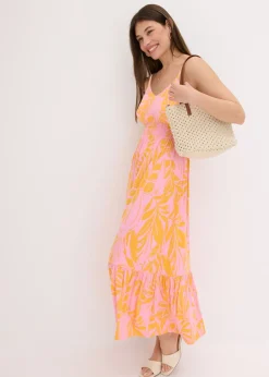 bonprix bonprix Vestido estampado de tirantes de mezcla de viscosa suave naranja-rosa caliente Online