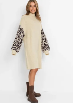 bonprix bonprix Vestido holgado de punto con estampado de leopardo Arena jaspeado-negro con estampado de leopardo Best