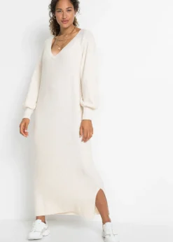 bonprix bonprix Vestido holgado de punto con largo midi Blanco lana jaspeado Outlet