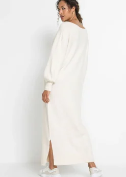 bonprix bonprix Vestido holgado de punto con largo midi Blanco lana jaspeado Outlet
