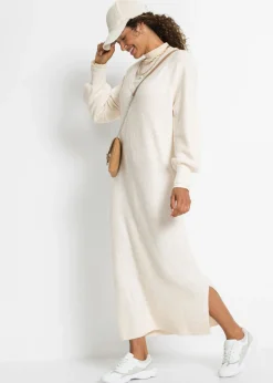 bonprix bonprix Vestido holgado de punto con largo midi Blanco lana jaspeado Outlet