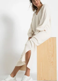 bonprix bonprix Vestido holgado de punto con largo midi Blanco lana jaspeado Outlet