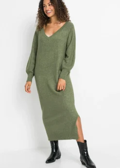 bonprix bonprix Vestido holgado de punto con largo midi Verde oliva oscuro jaspeado Sale