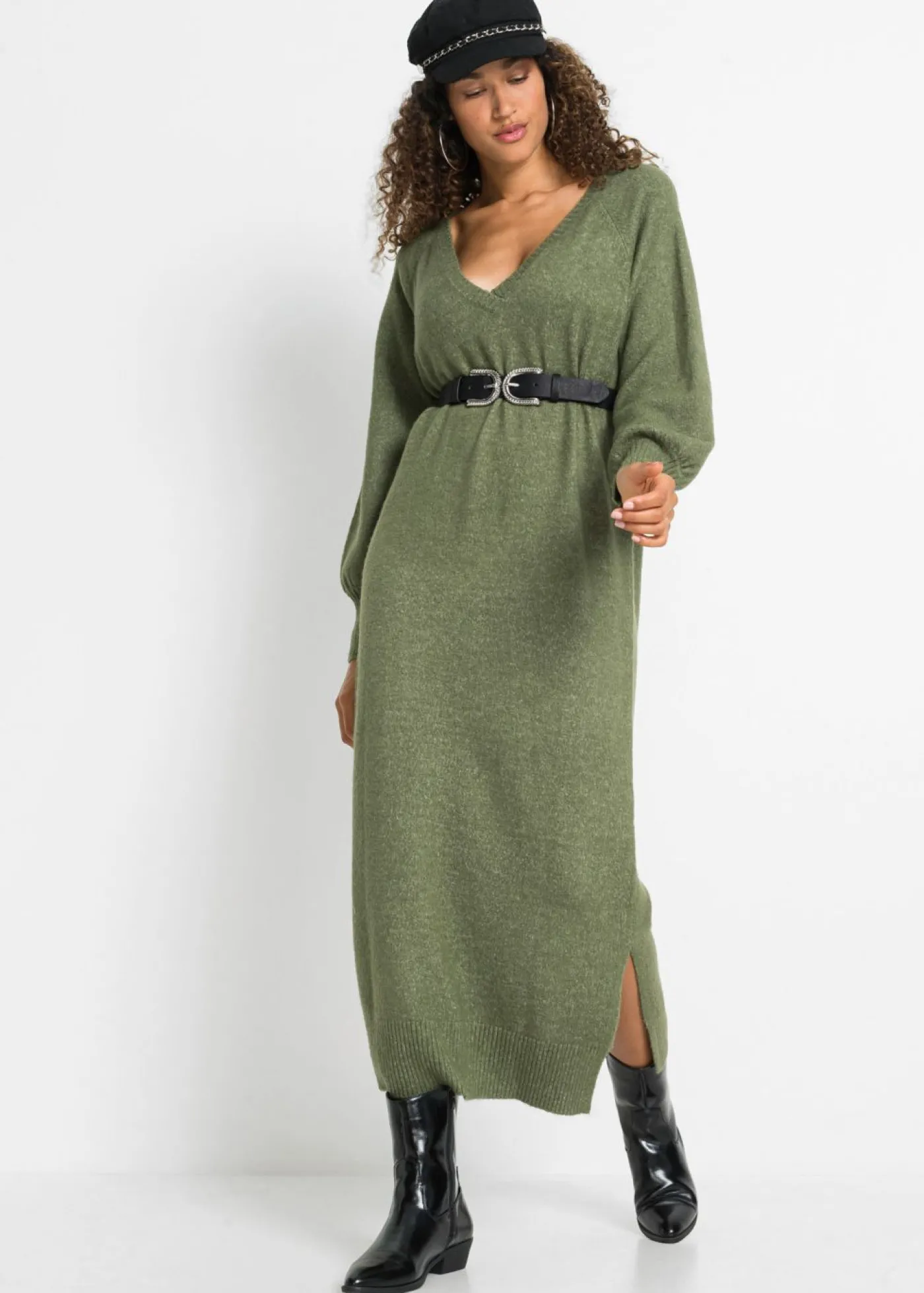bonprix bonprix Vestido holgado de punto con largo midi Verde oliva oscuro jaspeado Sale