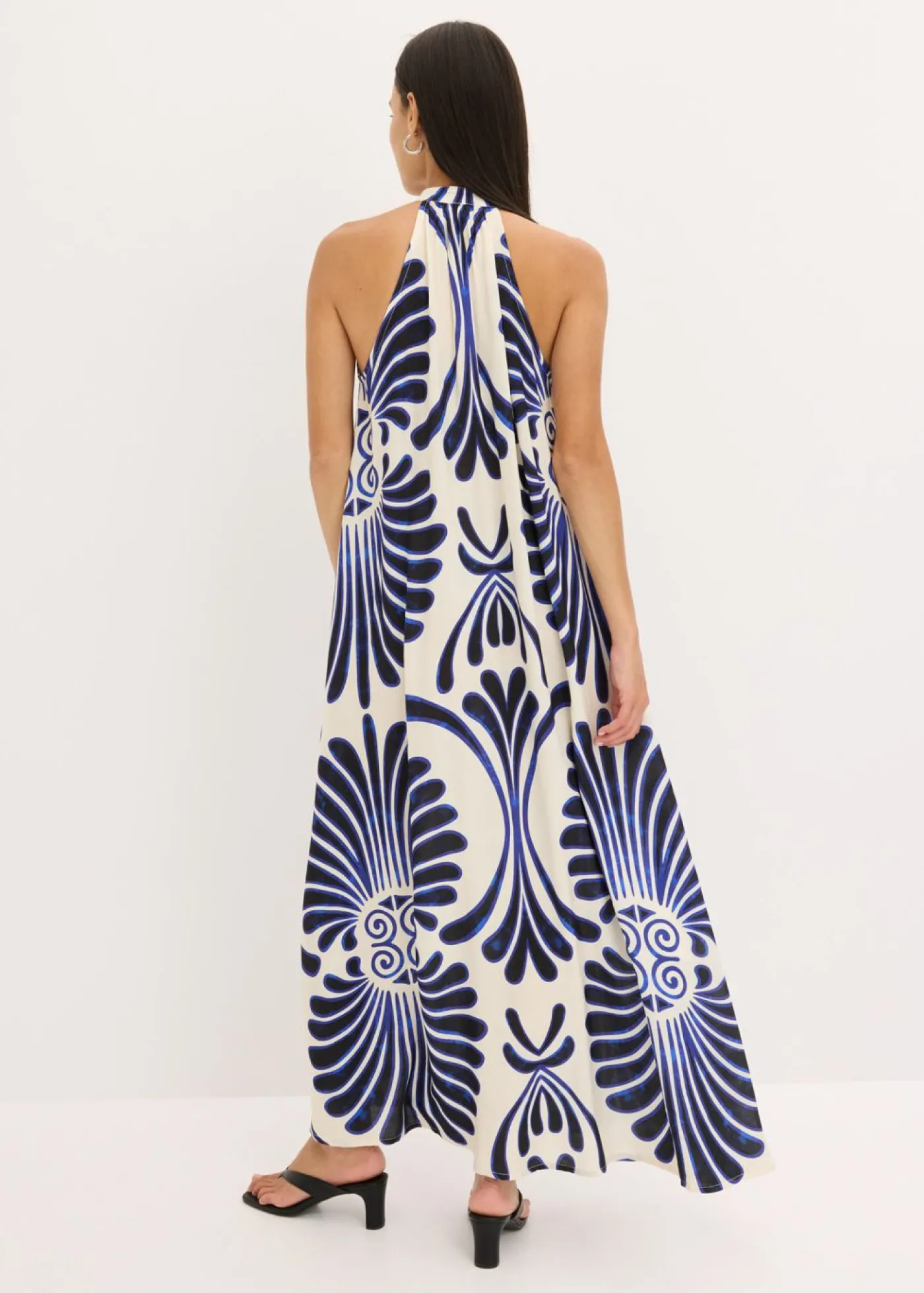 bonprix bonprix Vestido largo ancho de viscosa fluida Azul-blanco estampado Clearance