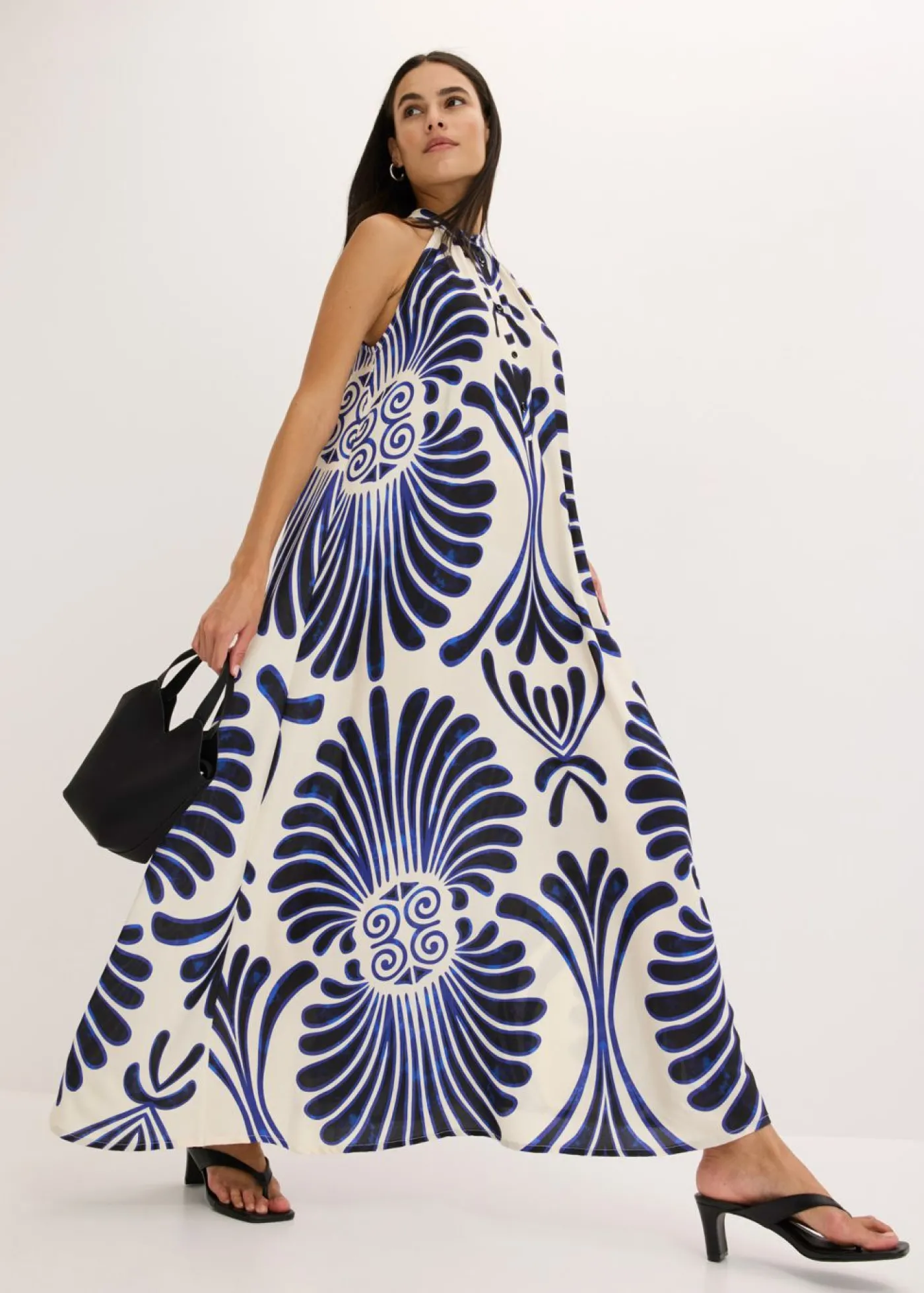 bonprix bonprix Vestido largo ancho de viscosa fluida Azul-blanco estampado Clearance