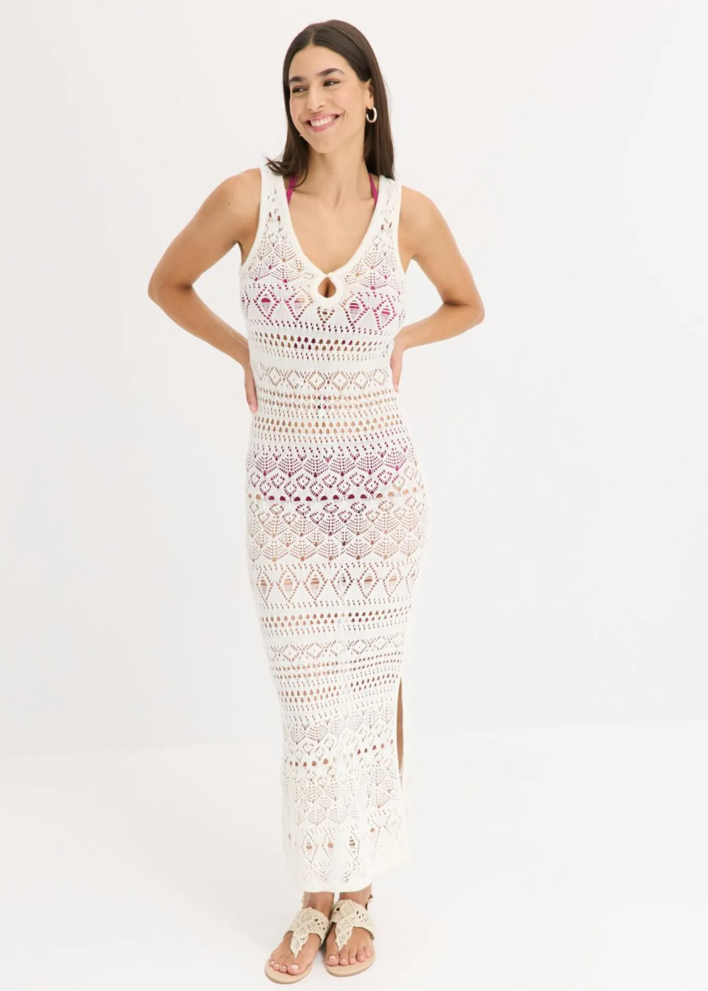 bonprix bonprix Vestido largo con aspecto de ganchillo Blanco lana Hot