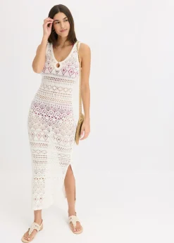 bonprix bonprix Vestido largo con aspecto de ganchillo Blanco lana Hot
