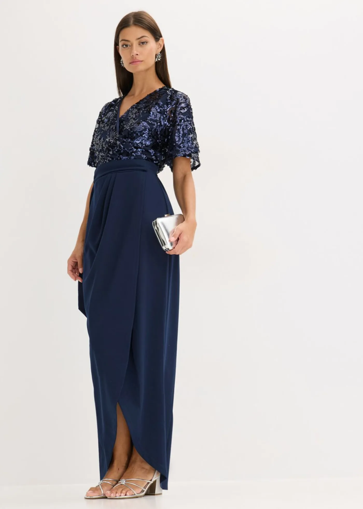 bonprix bonprix Vestido largo con bordado de lentejuelas Azul marino Discount