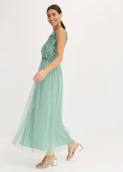 bonprix bonprix Vestido largo con bordado de lentejuelas Verde pastel Sale